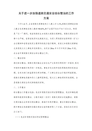 1、关于进一步加强道路交通安全综合整治的工作方案 2、xx区交通运输局开展20xx年第二季度道路交通安全工作汇报.docx