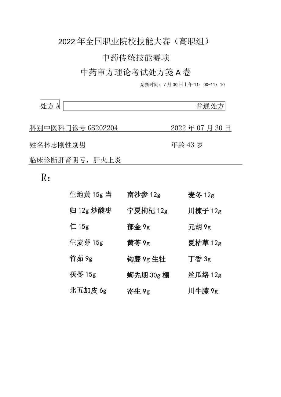 2022年全国职业院校技能大赛-中药传统技能赛项正式赛卷中药调剂审方-中药调剂审方试卷-2022GS-10A2022GS-A卷A方.docx_第1页