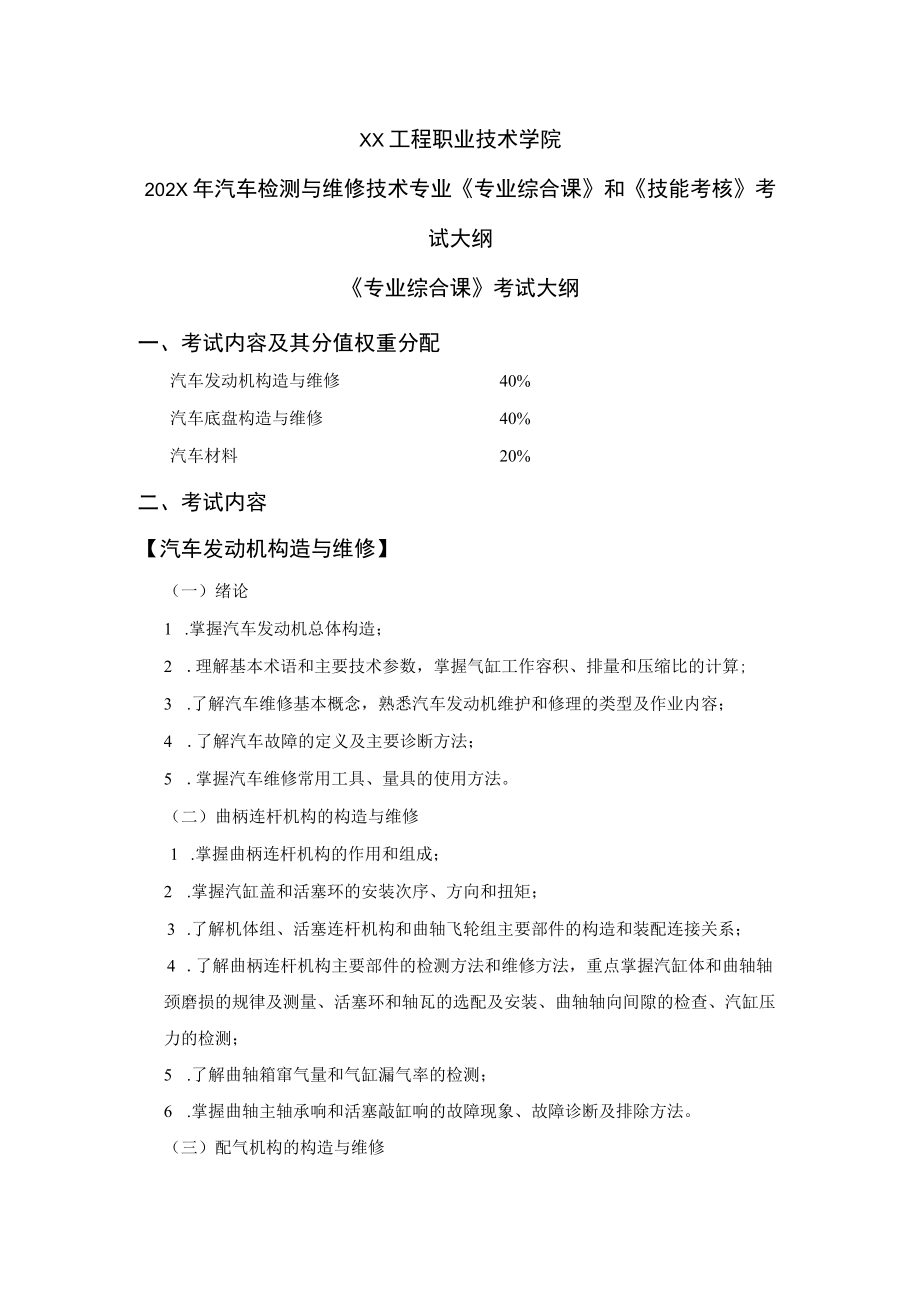 XX工程职业技术学院202X年汽车检测与维修技术专业《专业综合课》和《技能考核》考试大纲.docx_第1页