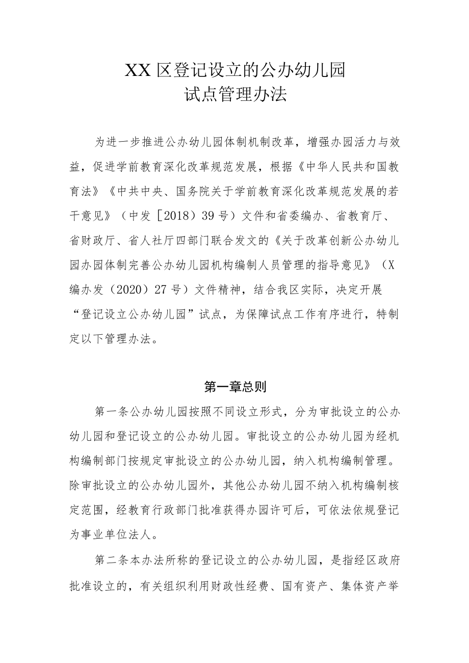 XX区登记设立的公办幼儿园试点管理办法.docx_第1页