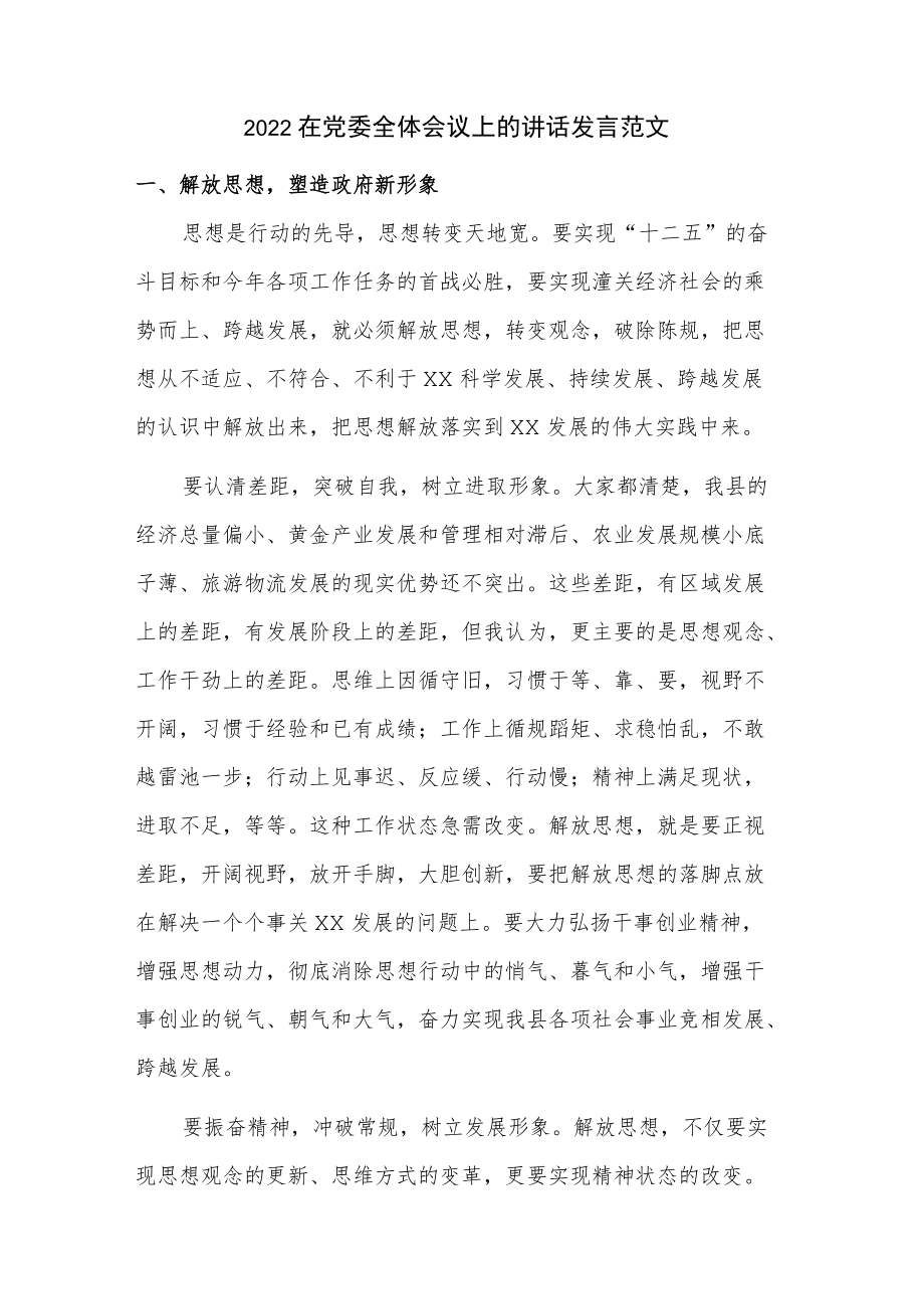 2022在党委全体会议上的讲话发言范文.docx_第1页