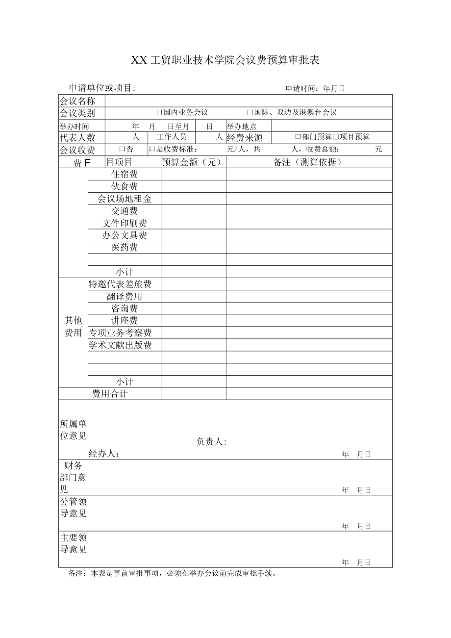 XX工贸职业技术学院会议费预算审批表.docx_第1页