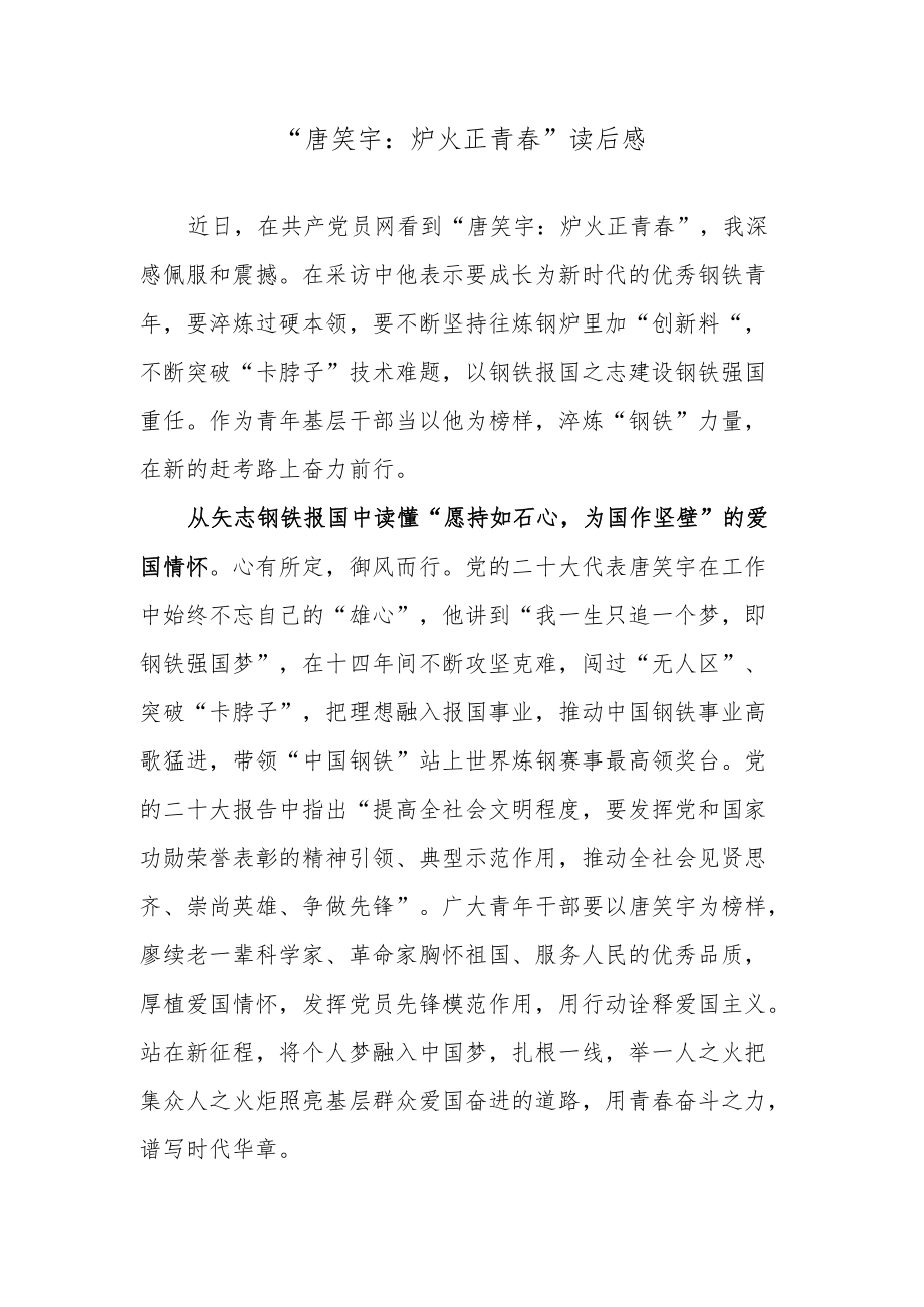 “唐笑宇：炉火正青春”读后感.docx_第1页