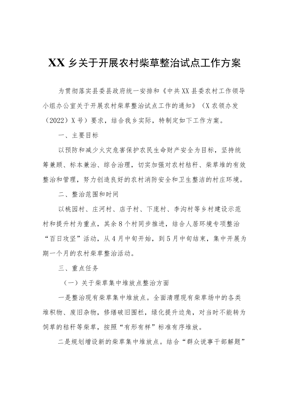 XX乡关于开展农村柴草整治试点工作方案.docx_第1页