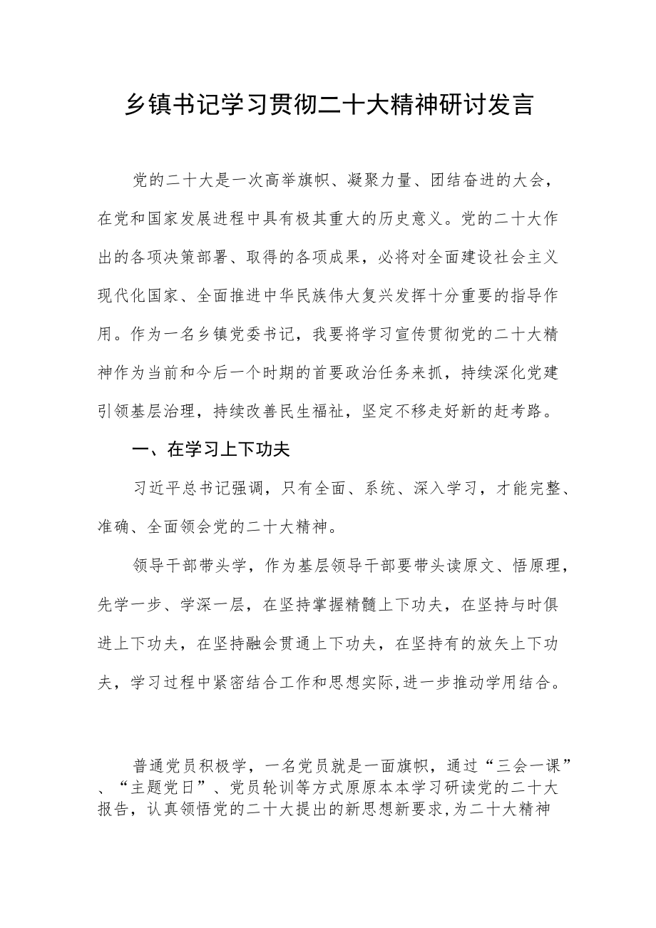 乡镇书记学习贯彻二十大精神研讨发言.docx_第1页