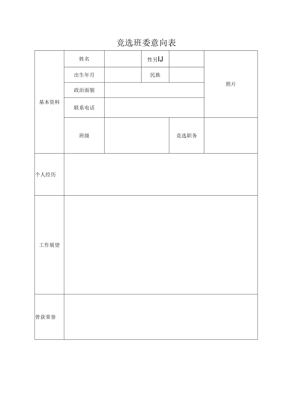 2022竞选班委意向表模板.docx_第1页