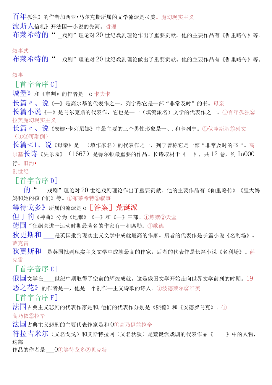 [2022秋期]2402国开电大专科《外国文学》十年期末考试填空题题库(珍藏版).docx_第2页