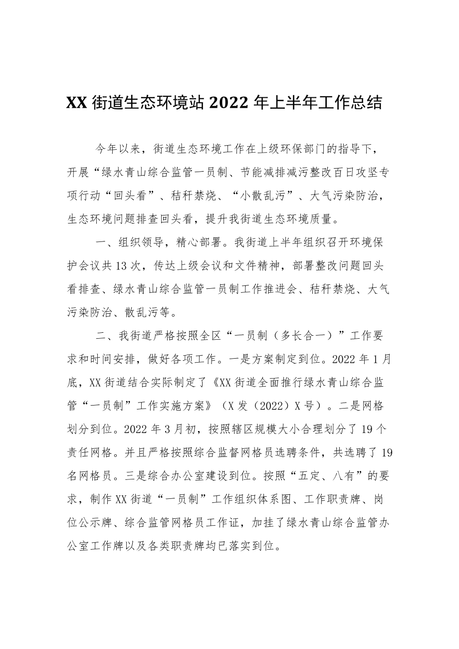 XX街道生态环境站2022年上半年工作总结.docx_第1页