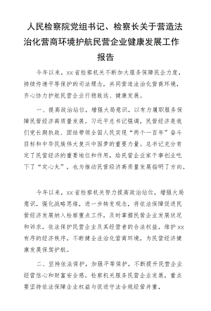 人民检察院党组书记、检察长关于营造法治化营商环境护航民营企业健康发展工作报告.docx