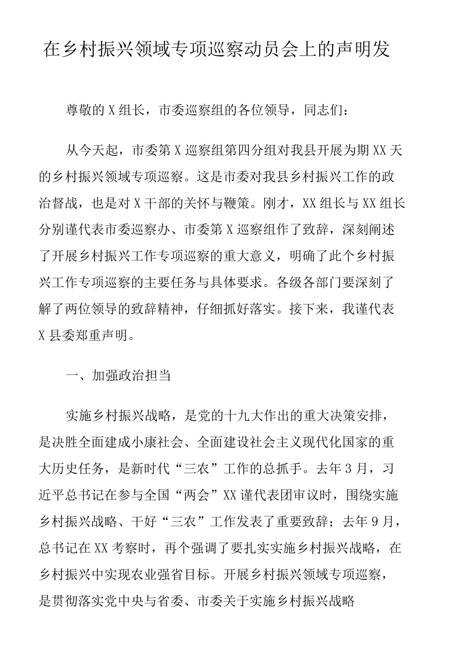 在乡村振兴领域专项巡察动员会上的声明发言.docx_第1页