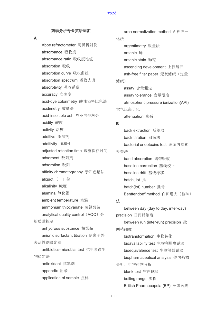 药物分析报告专业英语词汇.doc_第1页