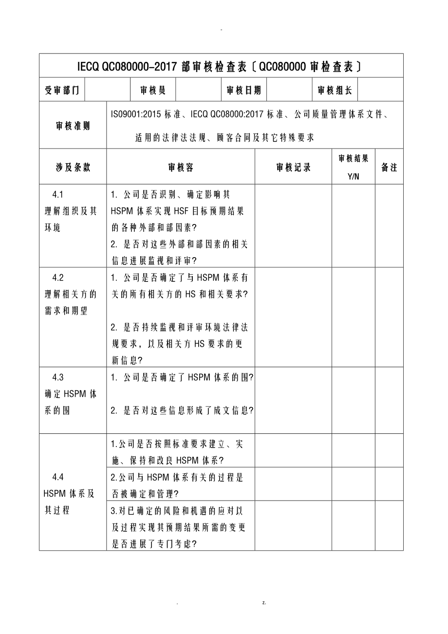 IECQQC080000-内部审核检查表-全条款.doc_第1页