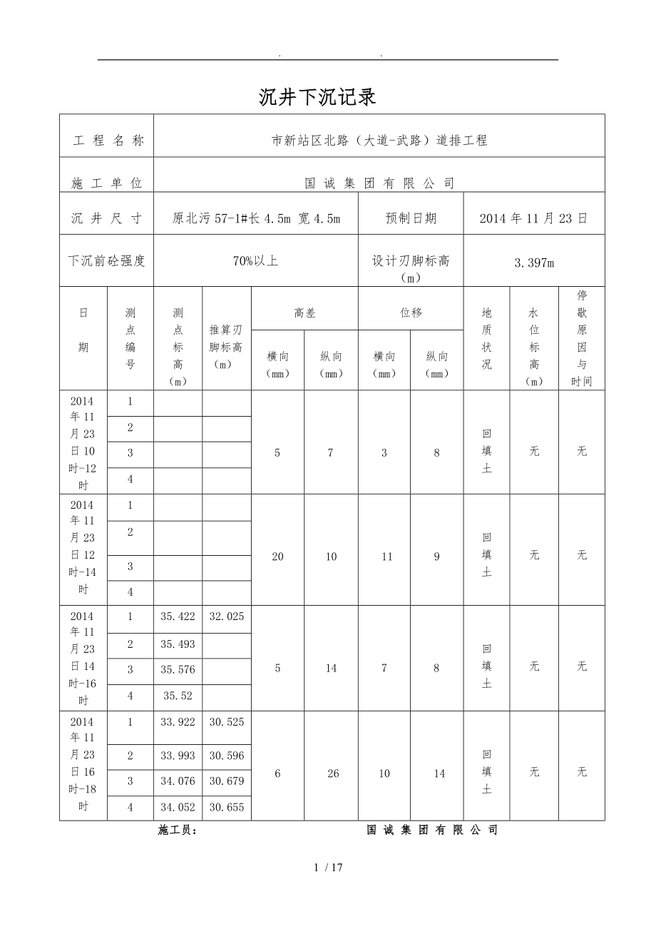 沉井工程下沉记录-2.doc_第1页