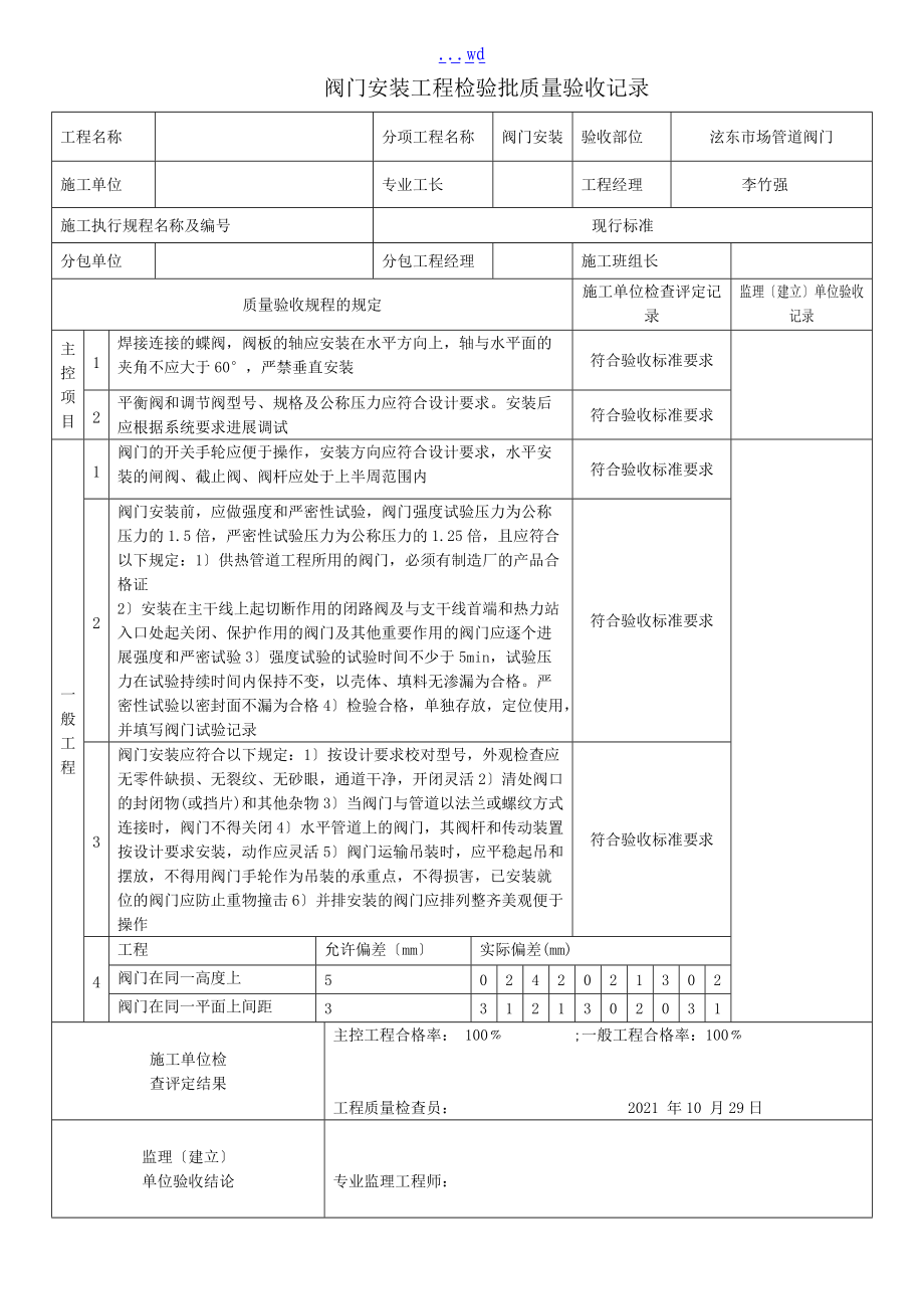 阀门安装工程检验批质量验收记录文稿.doc_第1页