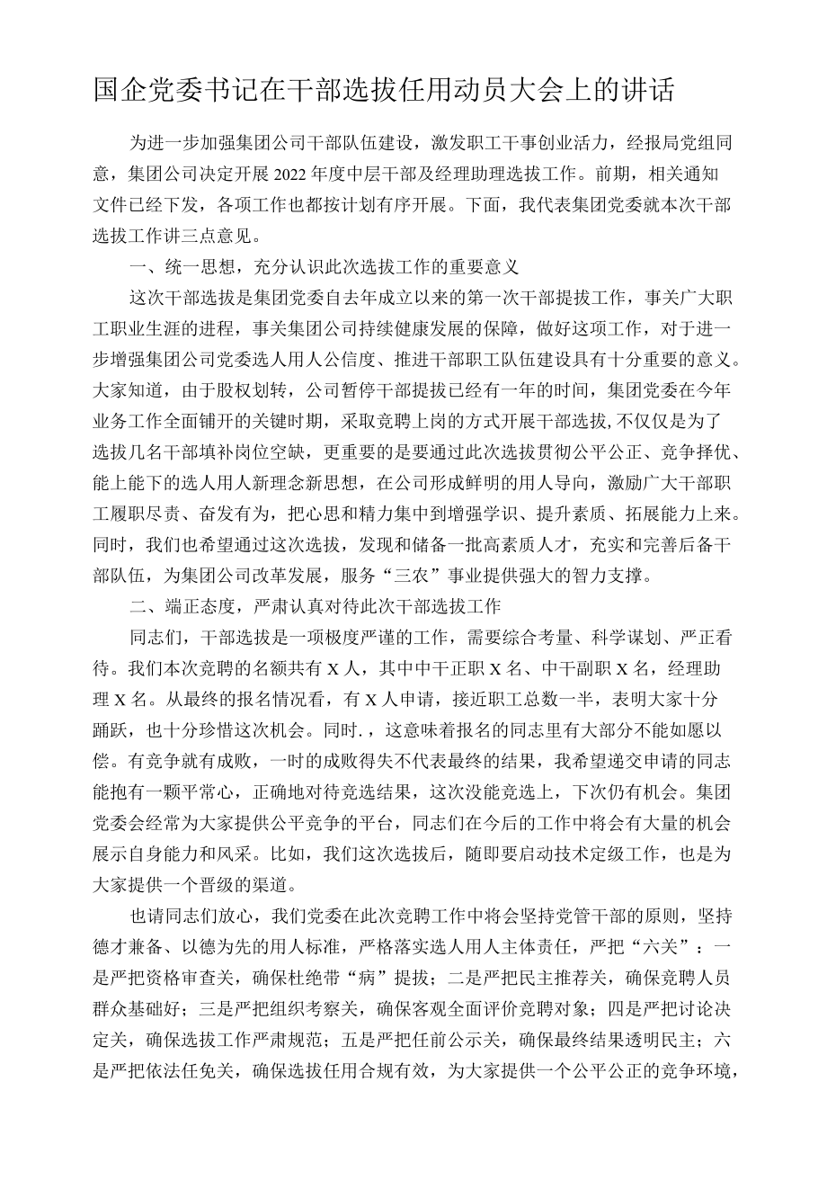 国企党委书记在干部选拔任用动员大会上的讲话.docx_第1页