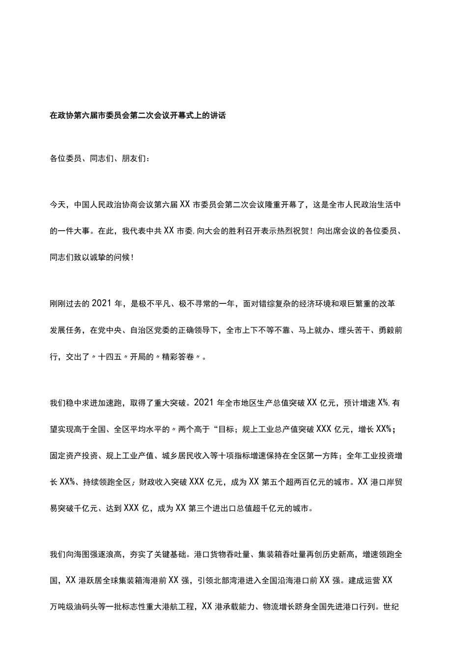 在政协第六届市委员会第二次会议开幕式上的讲话.docx_第1页