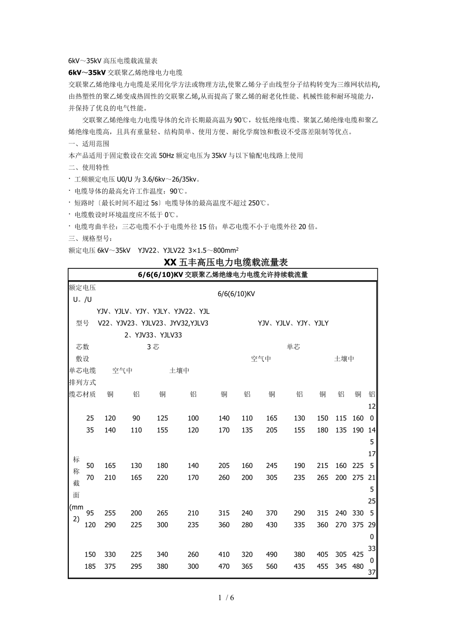 6-35kV电力电缆载流量.doc_第1页