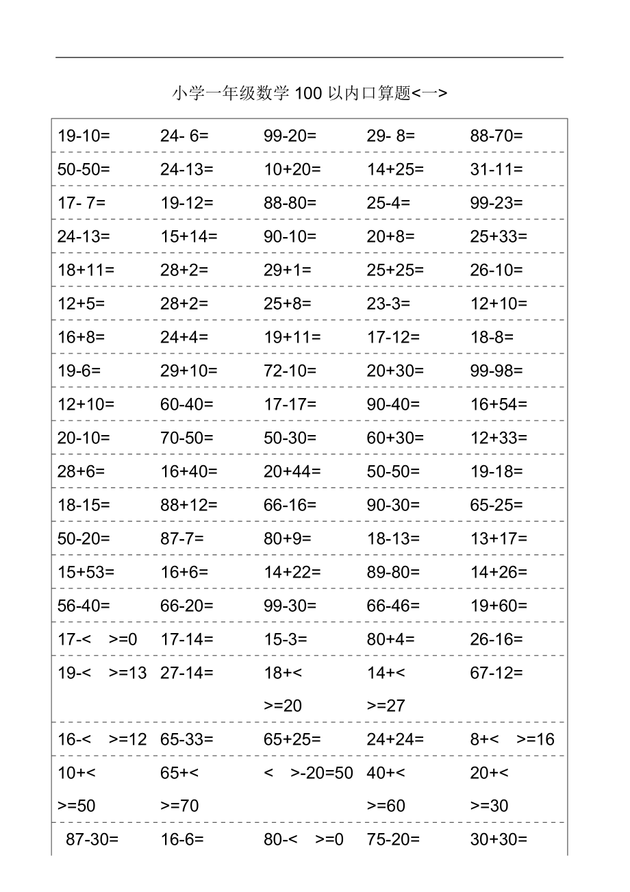 人教版小学一级100数学口算题卡.doc_第1页