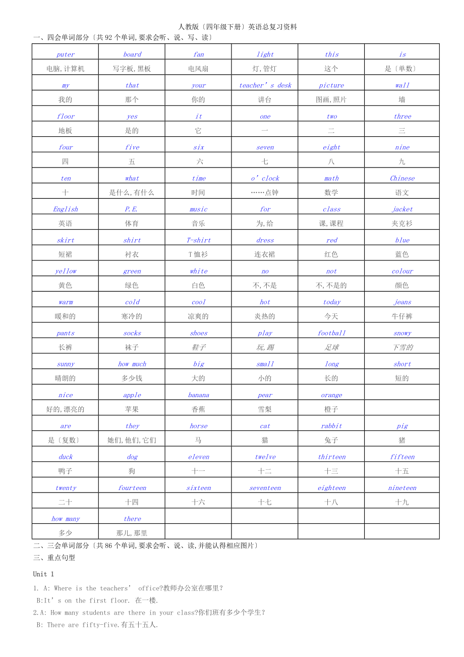 人教版最新PEP四级下册英语总复习资料.doc_第1页