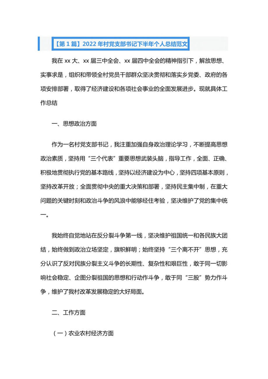 2022年村党支部书记下半年个人总结范文8篇.pdf_第1页