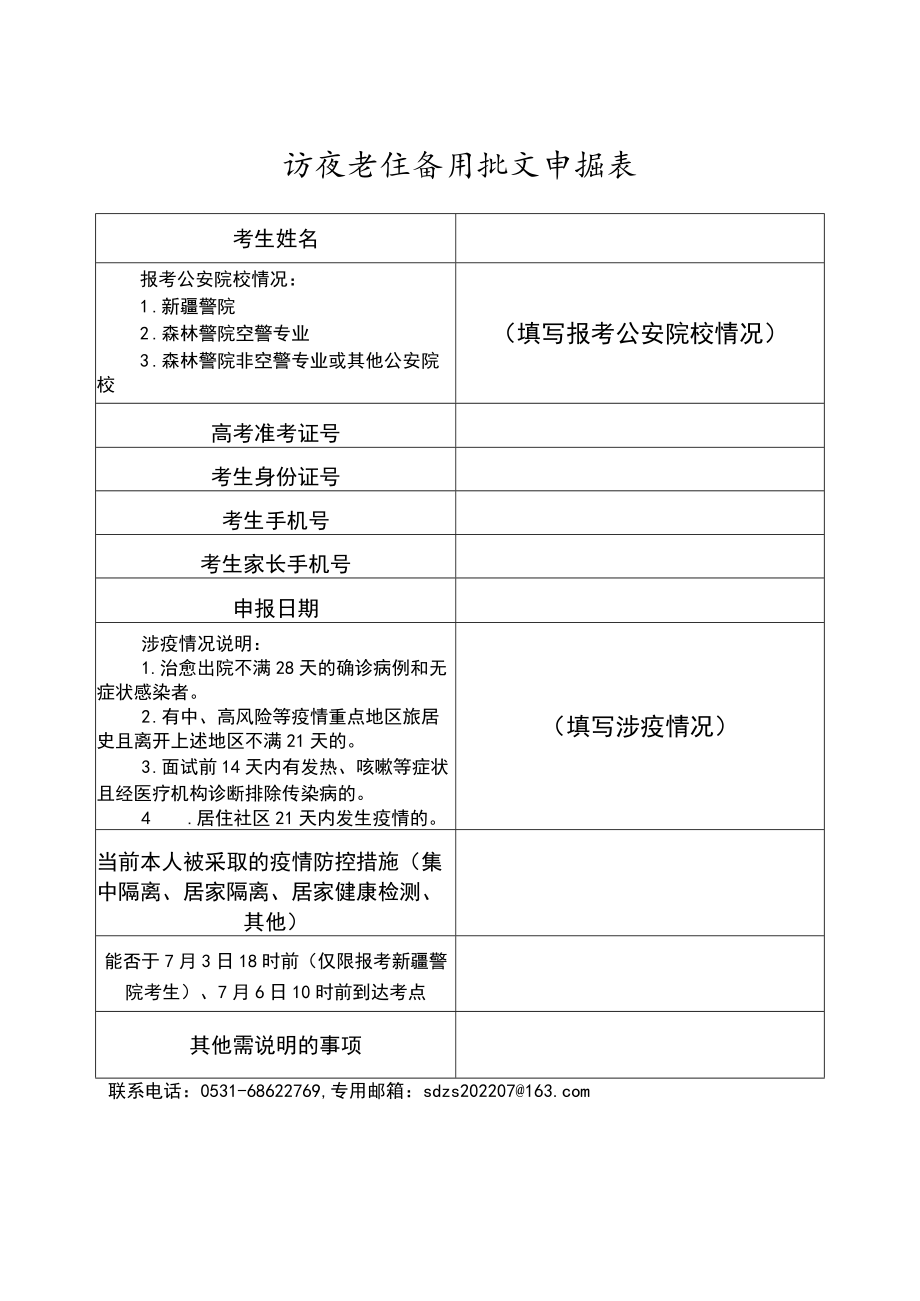 涉疫考生备用批次申报表（山东省2022公安院校公安专业招生）.docx_第1页