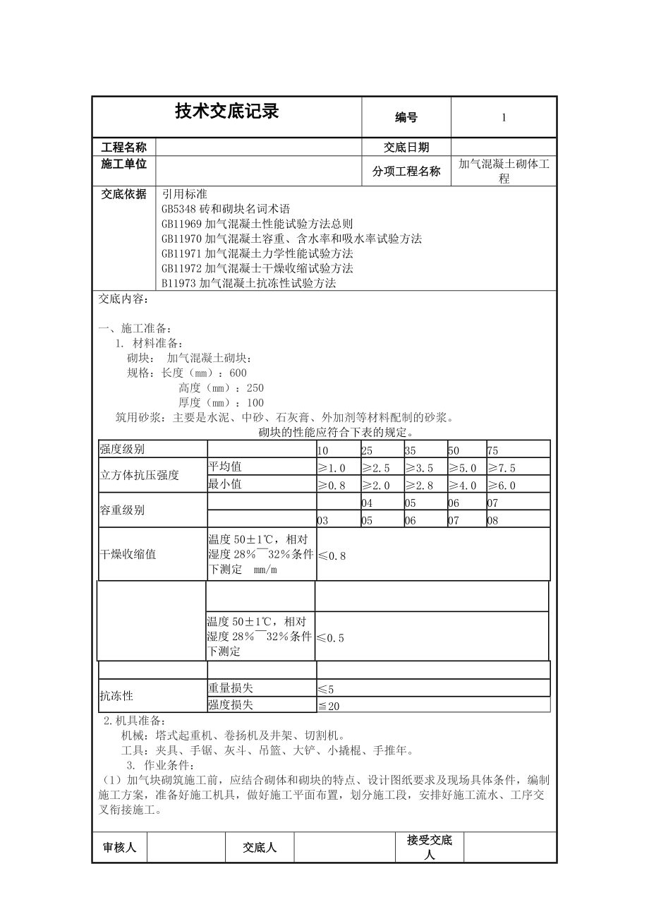 新建办公楼茶食生产车间加气混凝土砌体工程技术交底.doc_第1页