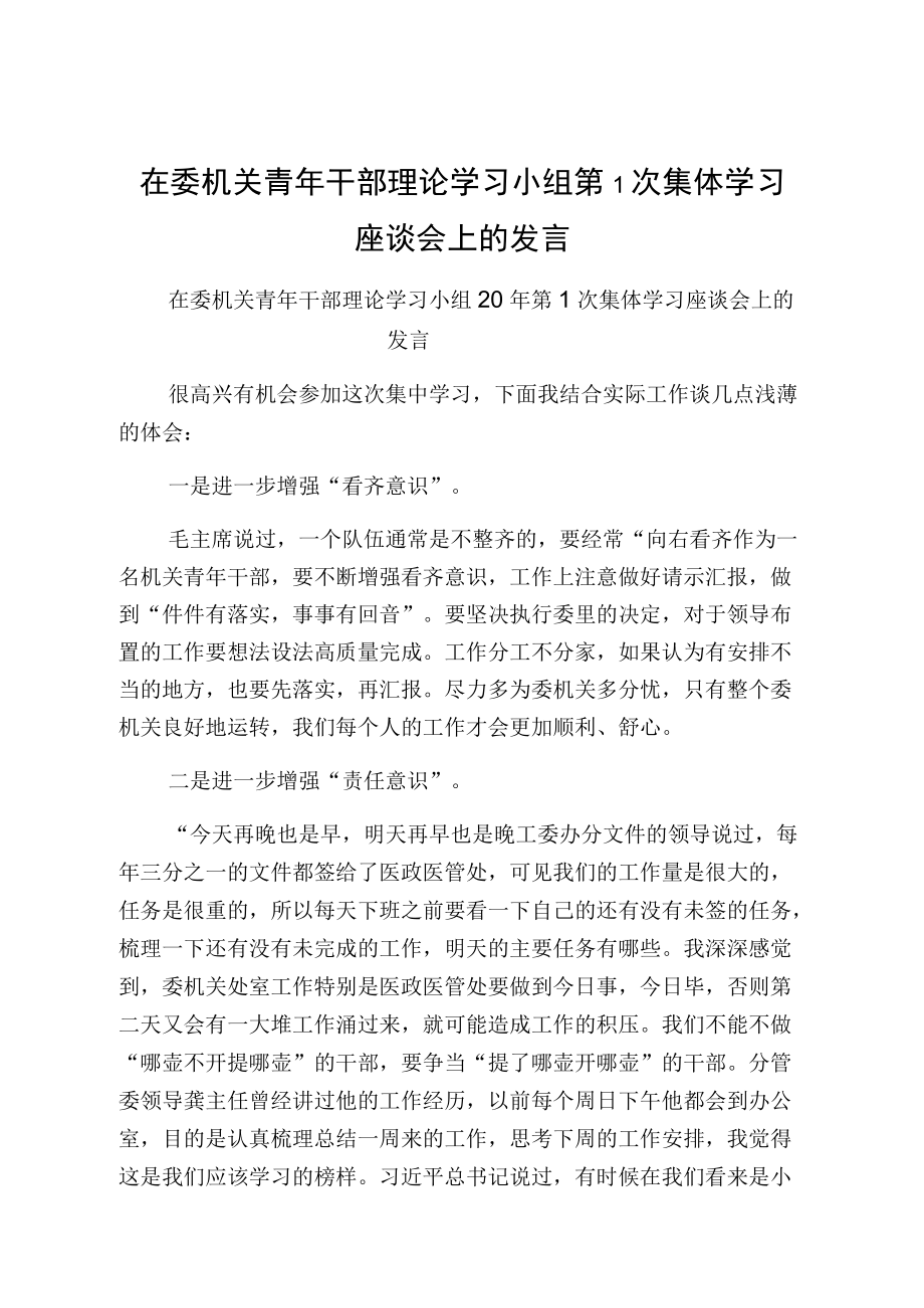 在委机关青干部理论学习小组第1次集体学习座谈会上的发言.docx_第1页