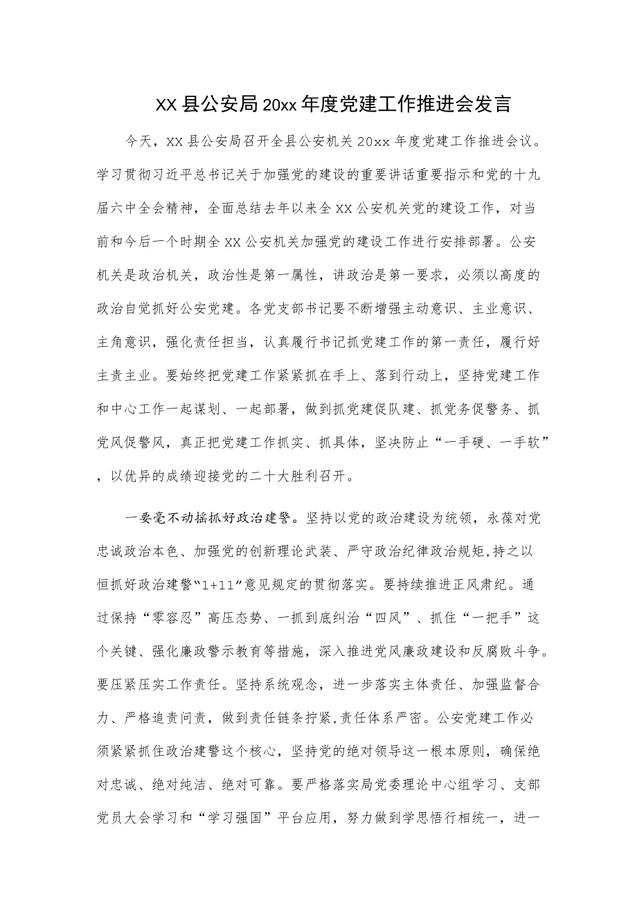 xx县公安局20xx党建工作推进会发言.docx_第1页