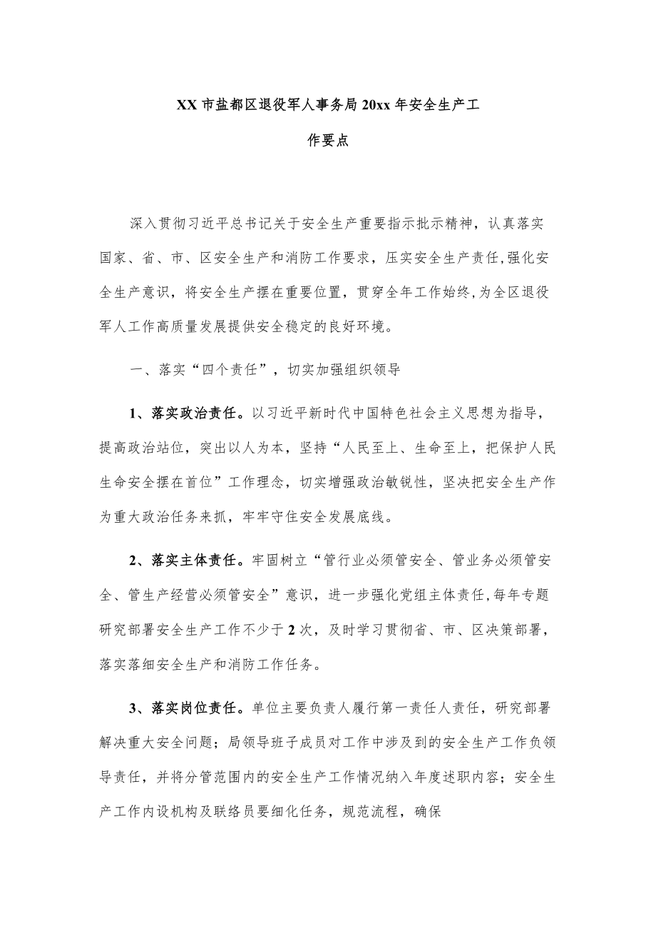 xx市盐都区退役军人事务局20xx安全生产工作要点.docx_第1页