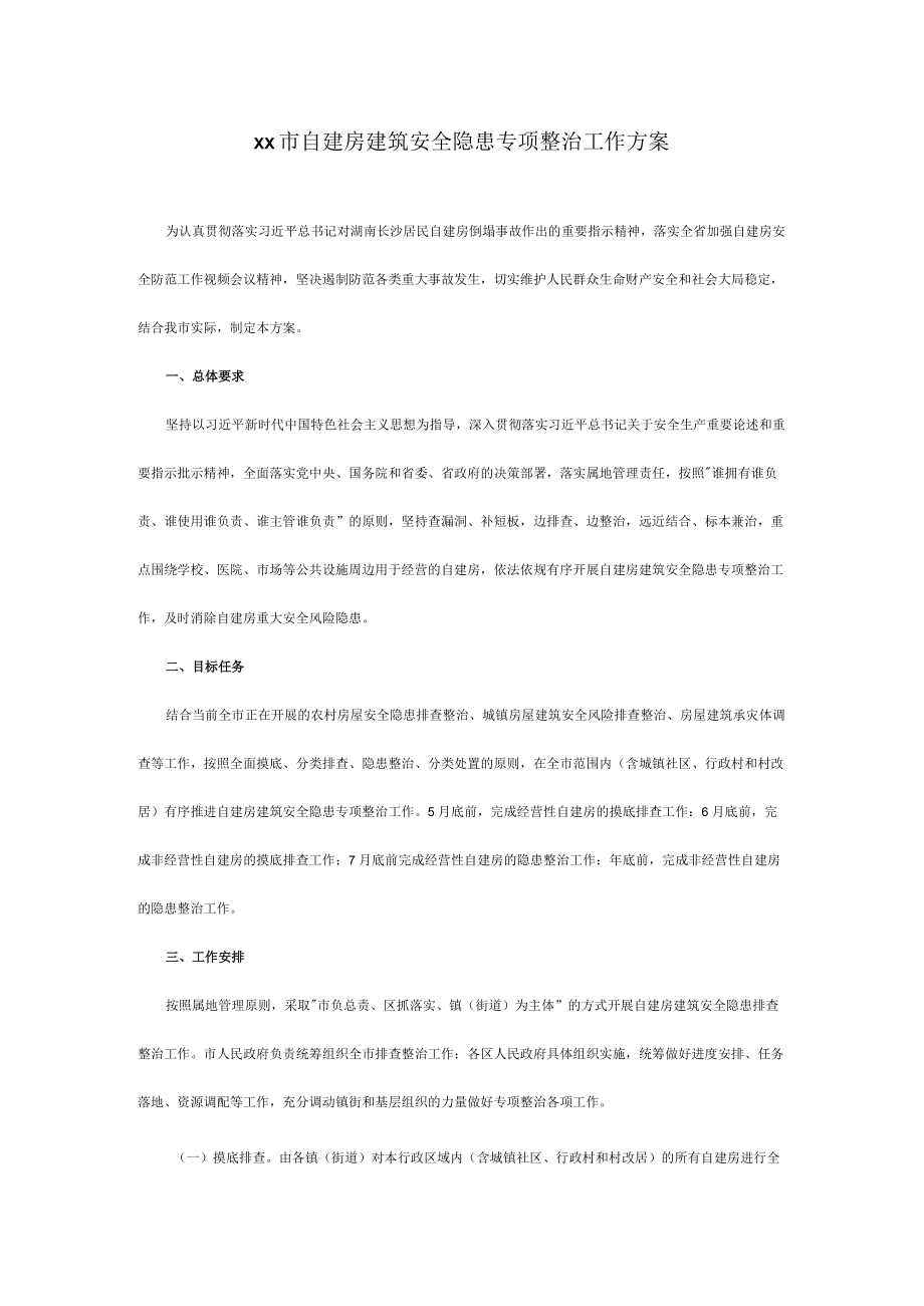 xx市自建房建筑安全隐患专项整治工作方案.docx_第1页