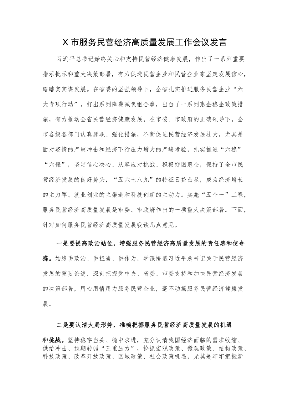 X市服务民营经济高质量发展工作会议发言.docx_第1页