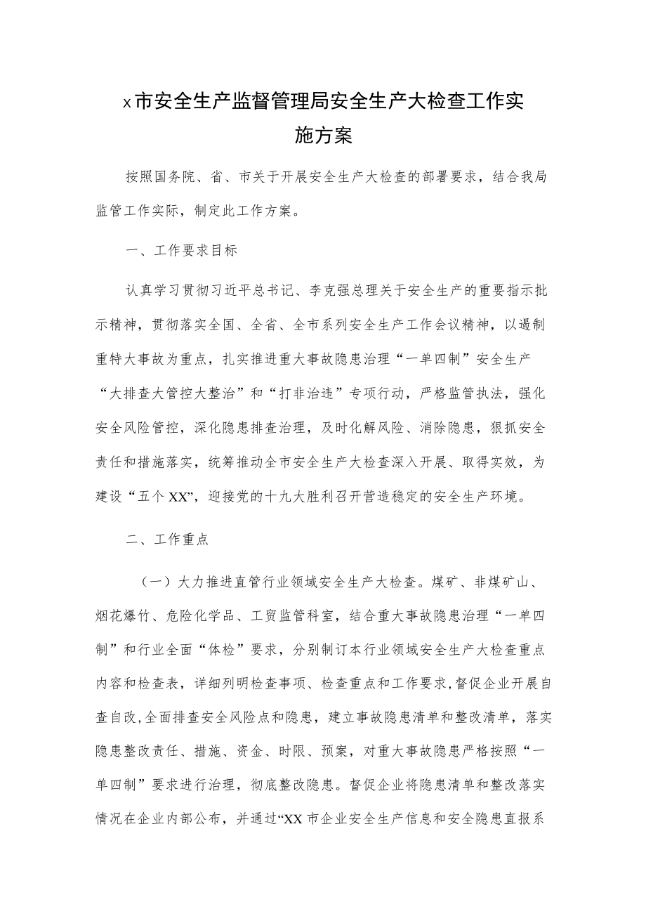 x市安全生产监督管理局安全生产大检查工作实施方案.docx_第1页