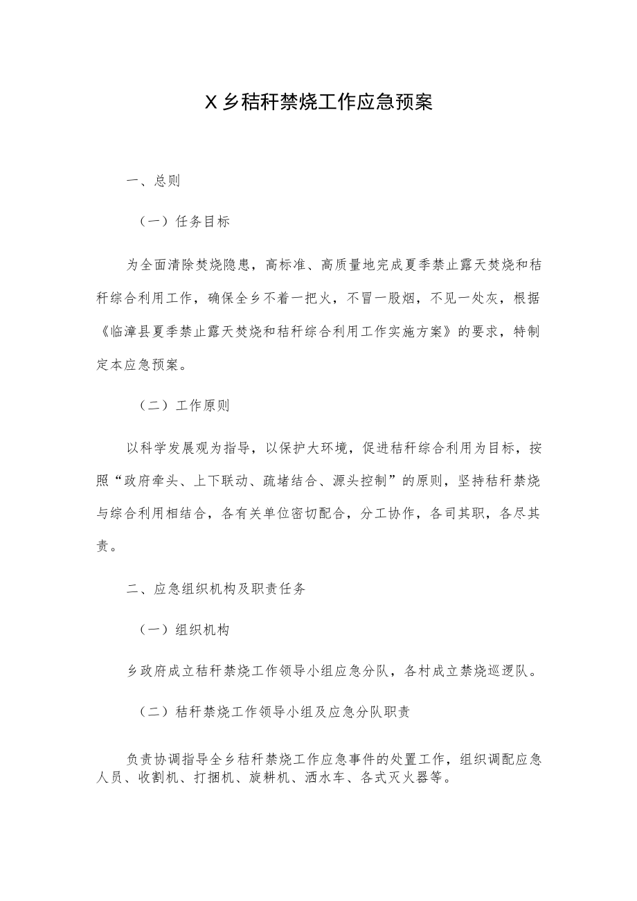 X乡秸秆禁烧工作应急预案.docx_第1页