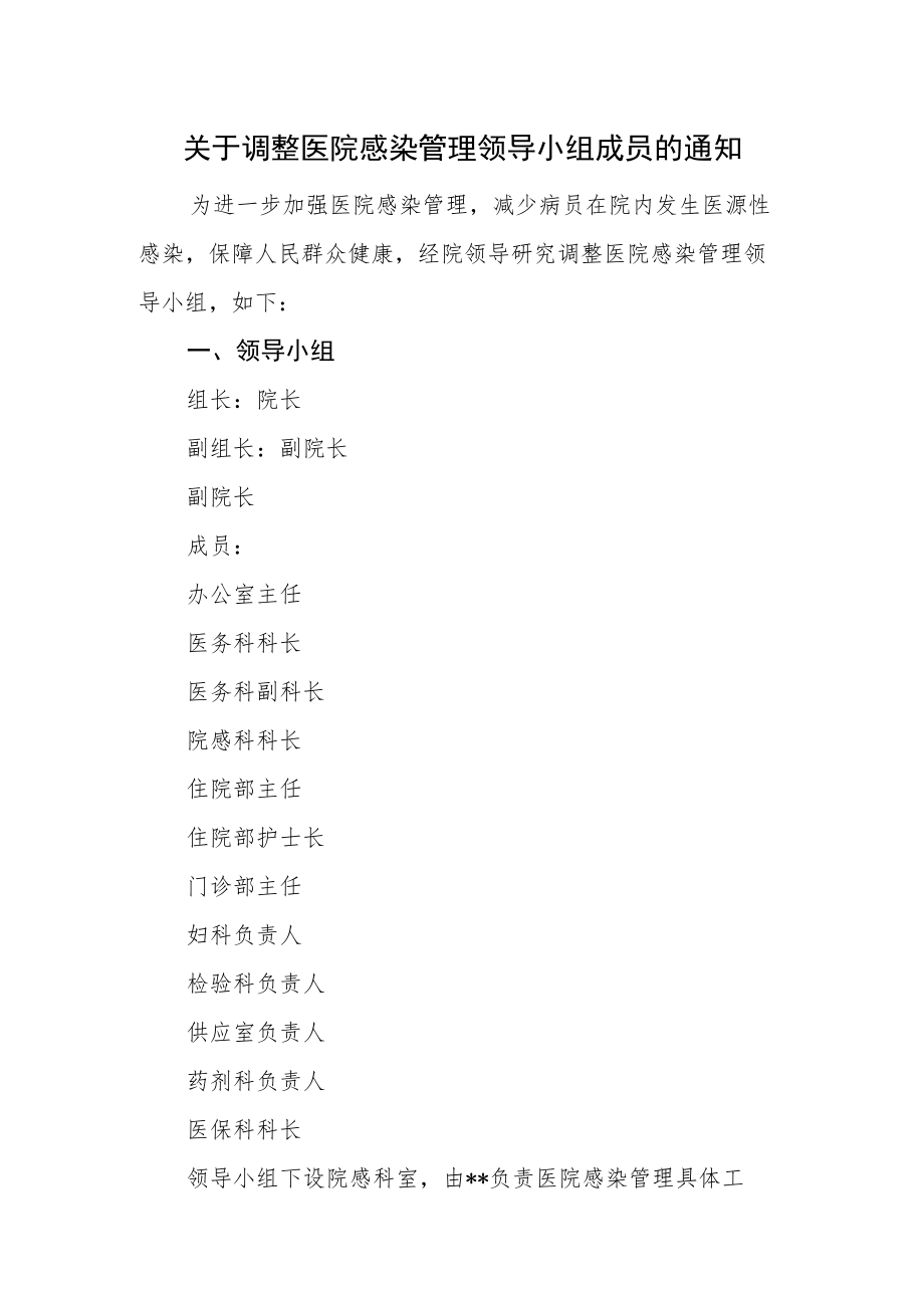 关于调整医院感染管理领导小组成员的通知.docx_第1页