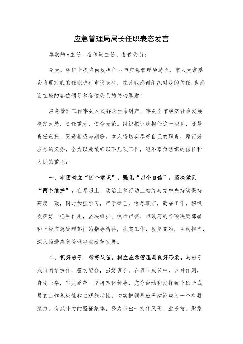 应急管理局局长任职表态发言.docx_第1页