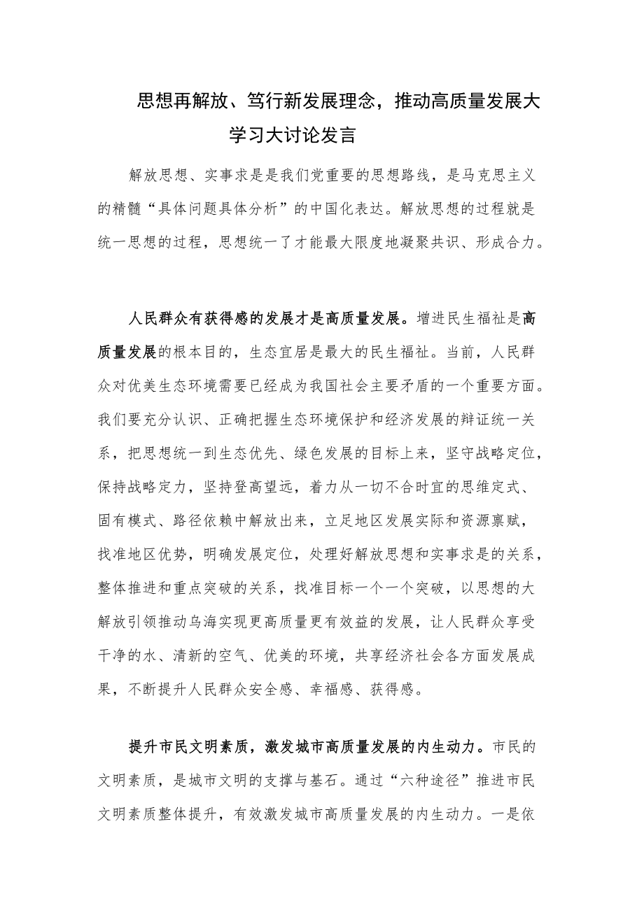 思想再解放、笃行新发展理念推动高质量发展大学习大讨论发言.docx_第1页