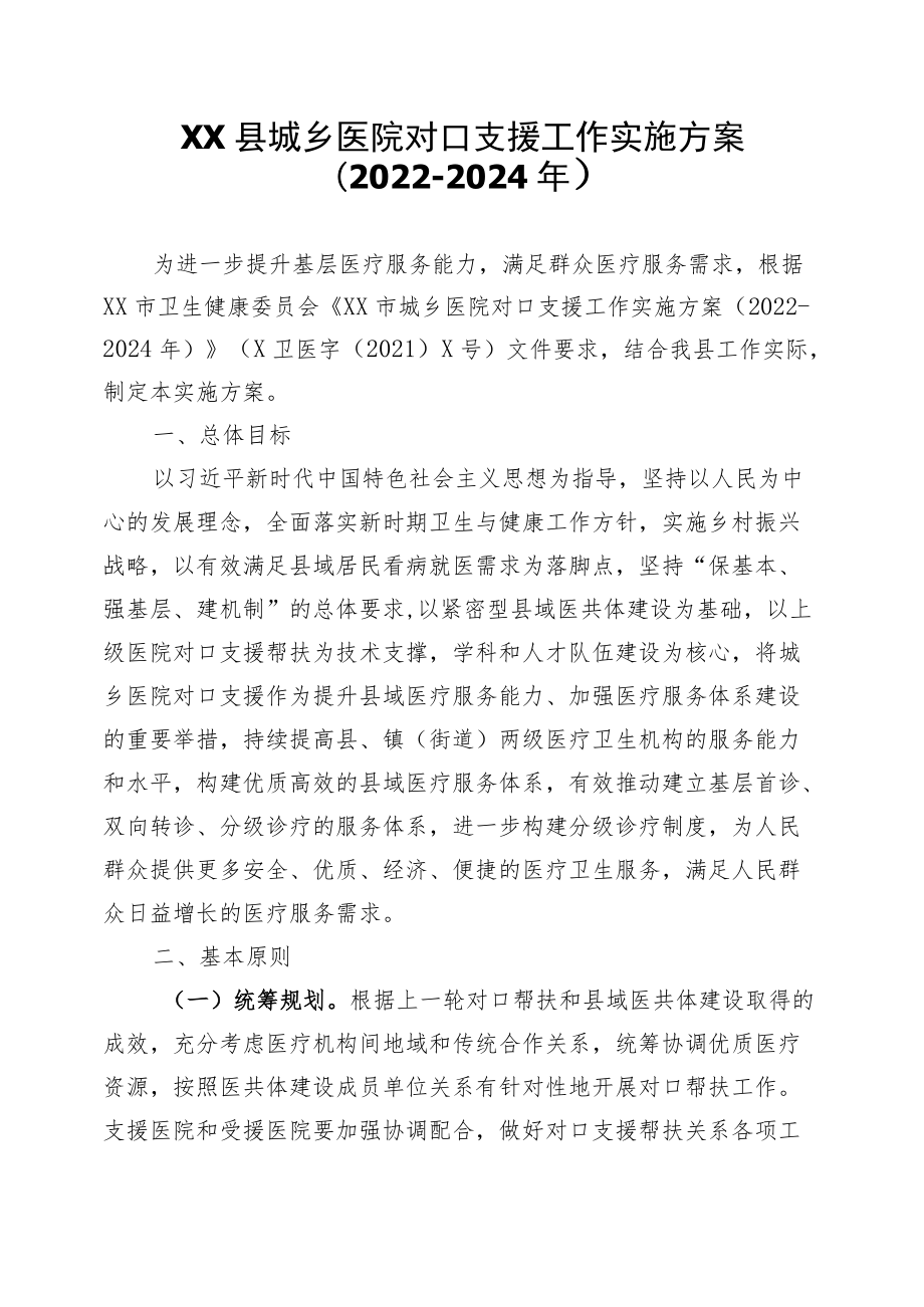 XX县城乡医院对口支援工作实施方案.docx_第1页