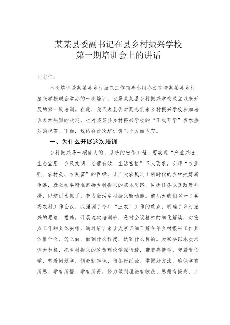 某某县委副书记在县乡村振兴学校第一期培训会上的讲话.docx_第1页