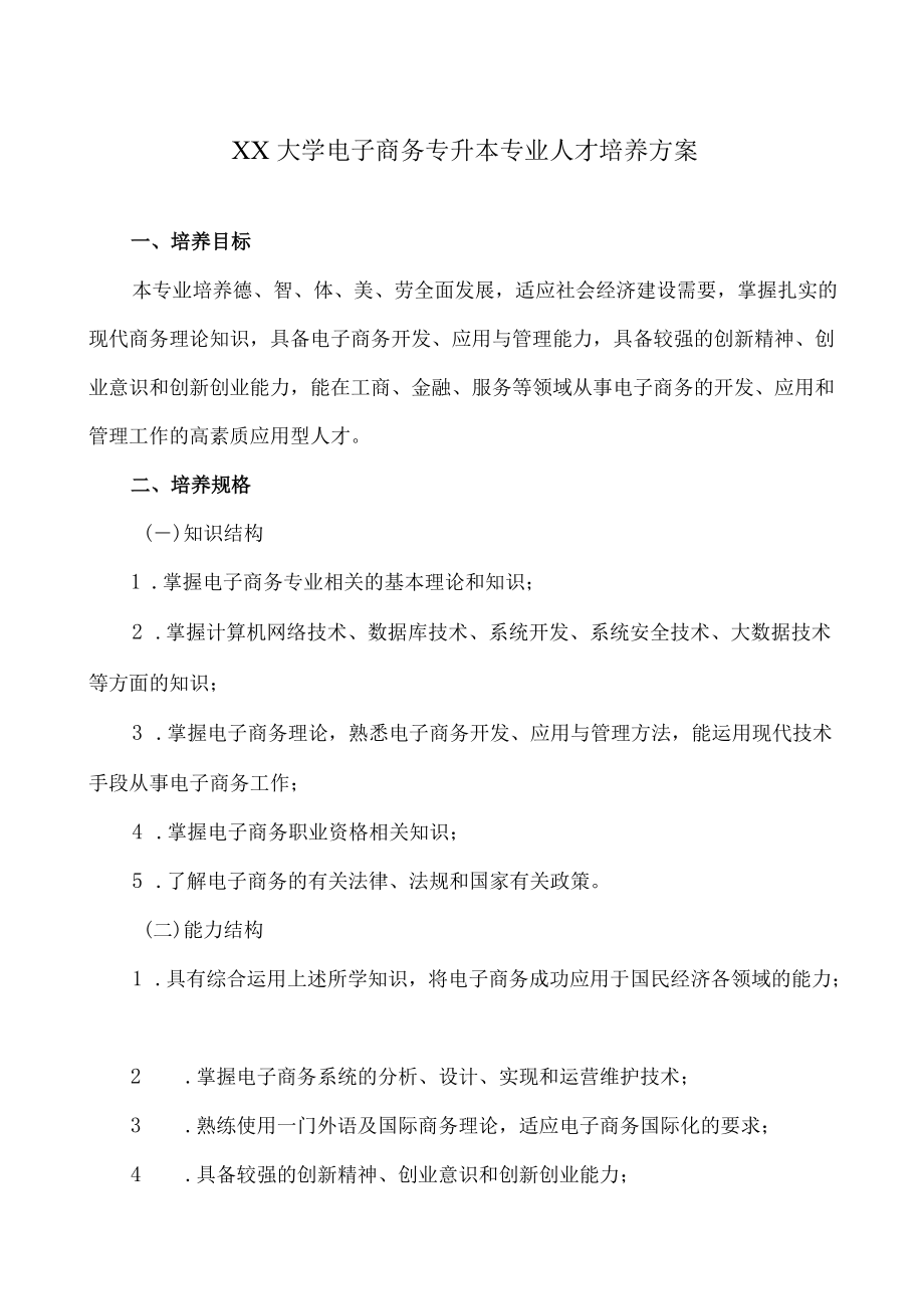 XX大学电子商务专升本专业人才培养方案.docx_第1页