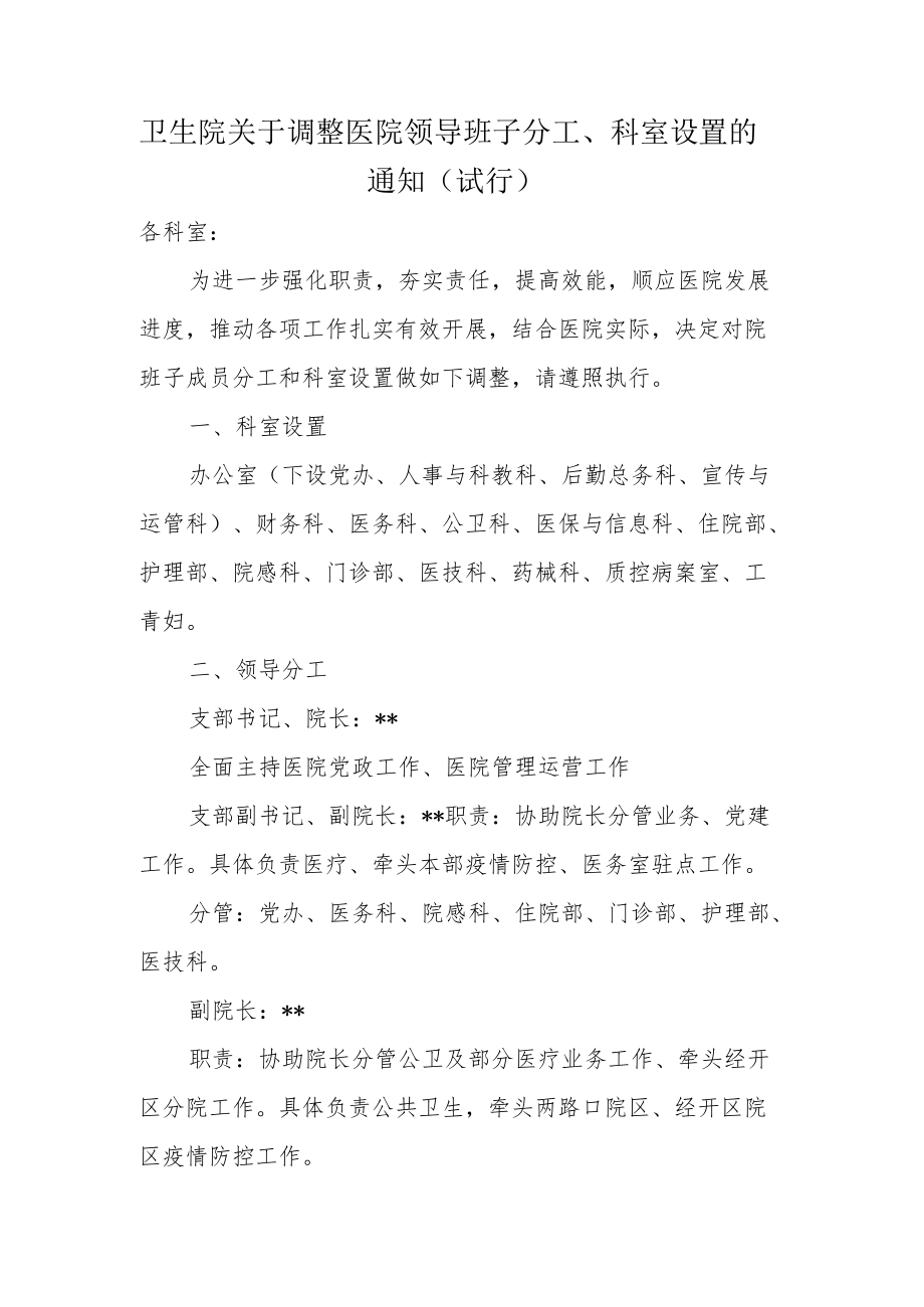 卫生院关于调整医院领导班子分工、科室设置的通知（试行）.docx_第1页