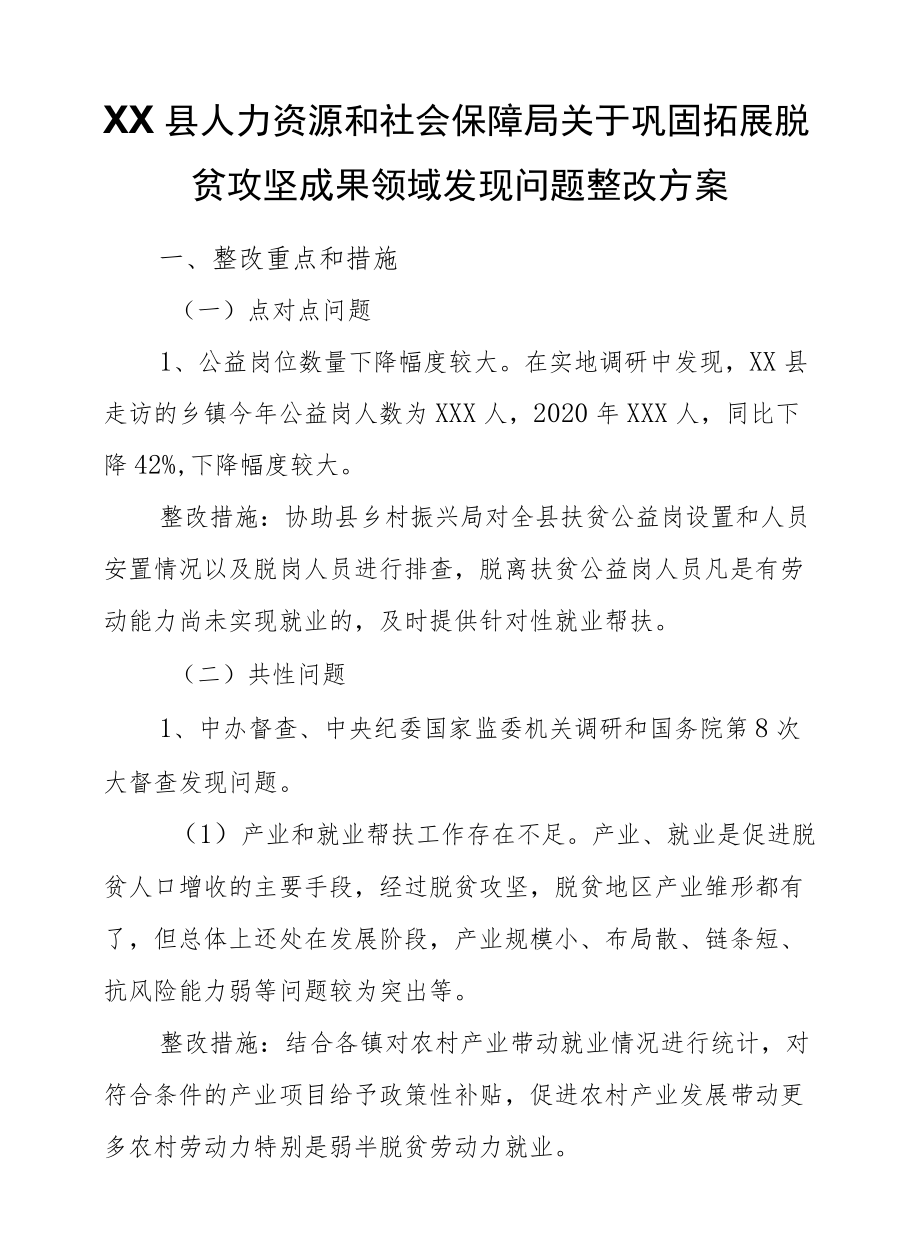 XX县人力资源和社会保障局关于巩固拓展脱贫攻坚成果领域发现问题整改方案.docx_第1页