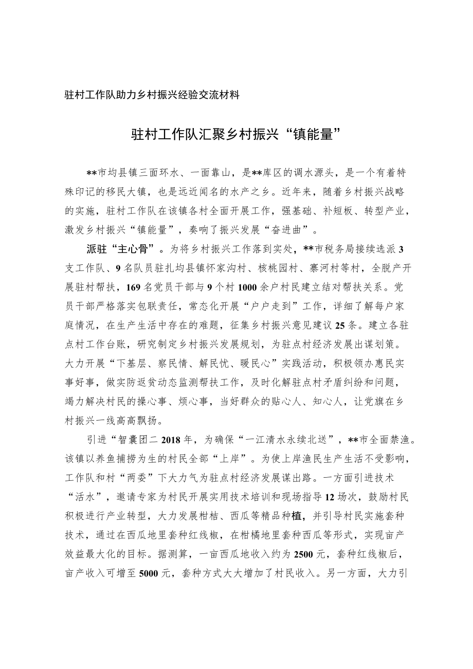 驻村工作队助力乡村振兴经验交流材料.docx_第1页