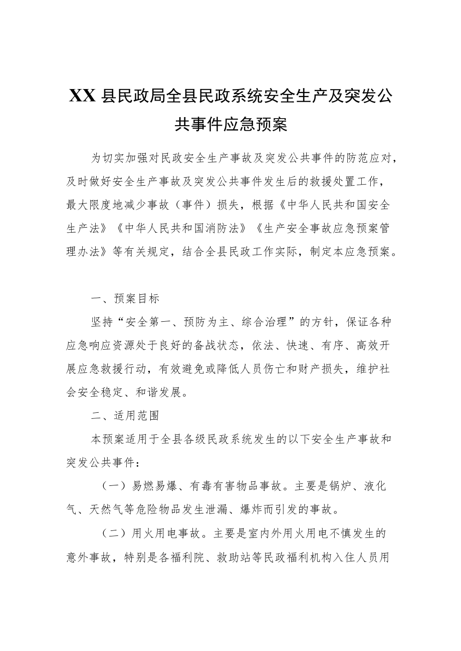 XX县民政局全县民政系统安全生产及突发公共事件应急预案.docx_第1页