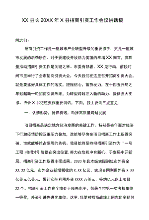 XX县长2021X县招商引资工作会议讲话稿.docx