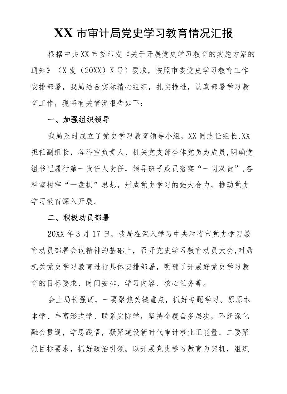 XX市审计局党史学习教育情况汇报.docx_第1页