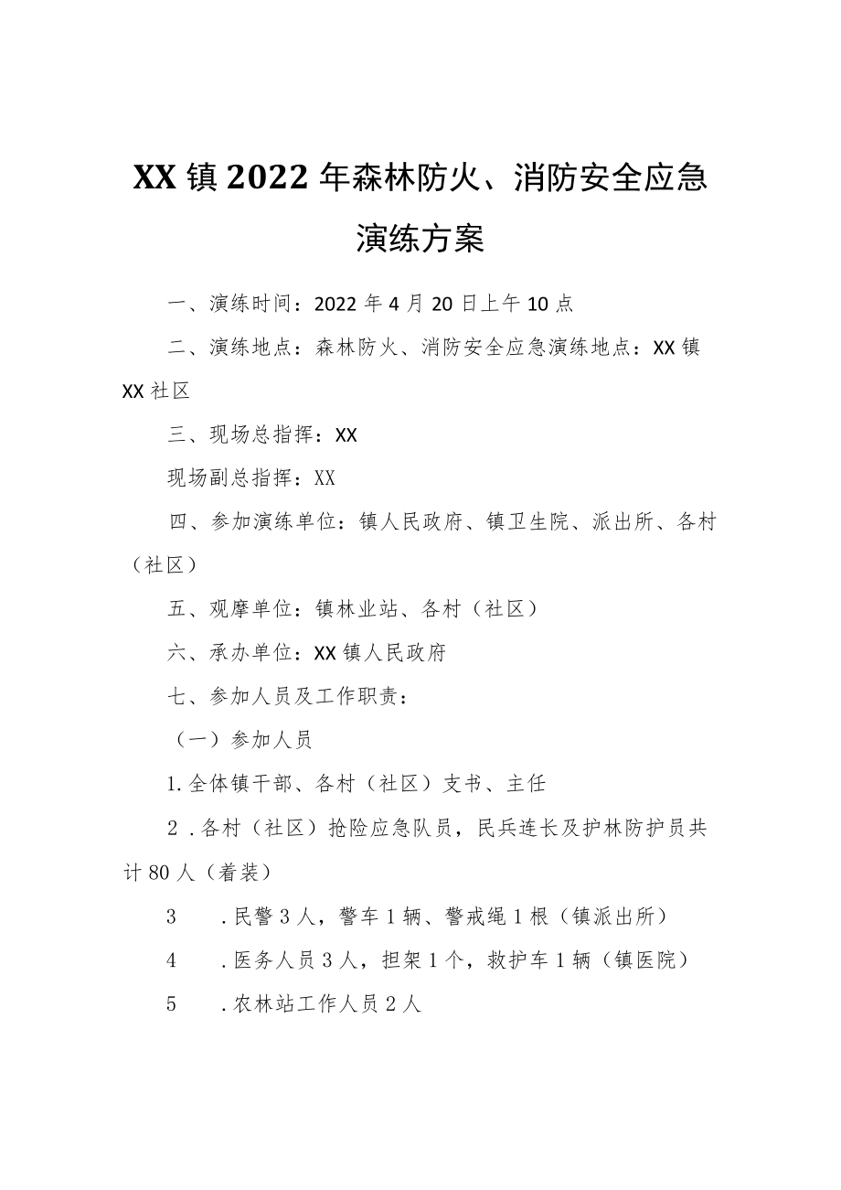 XX镇2022森林防火、消防安全应急演练方案.docx_第1页