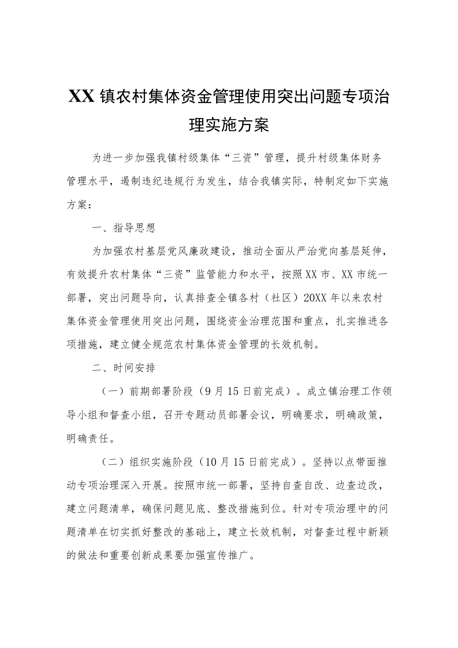 XX镇农村集体资金管理使用突出问题专项治理实施方案.docx_第1页