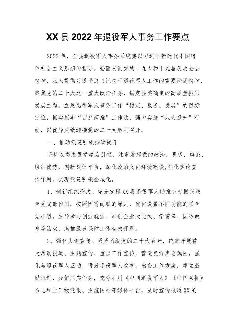 XX县2022退役军人事务工作要点.docx_第1页