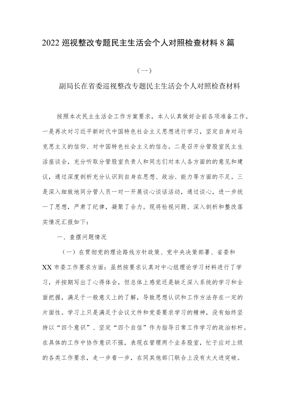 2022党员干部巡视整改专题民主生活会个人对照检查剖析材料8篇.docx_第1页