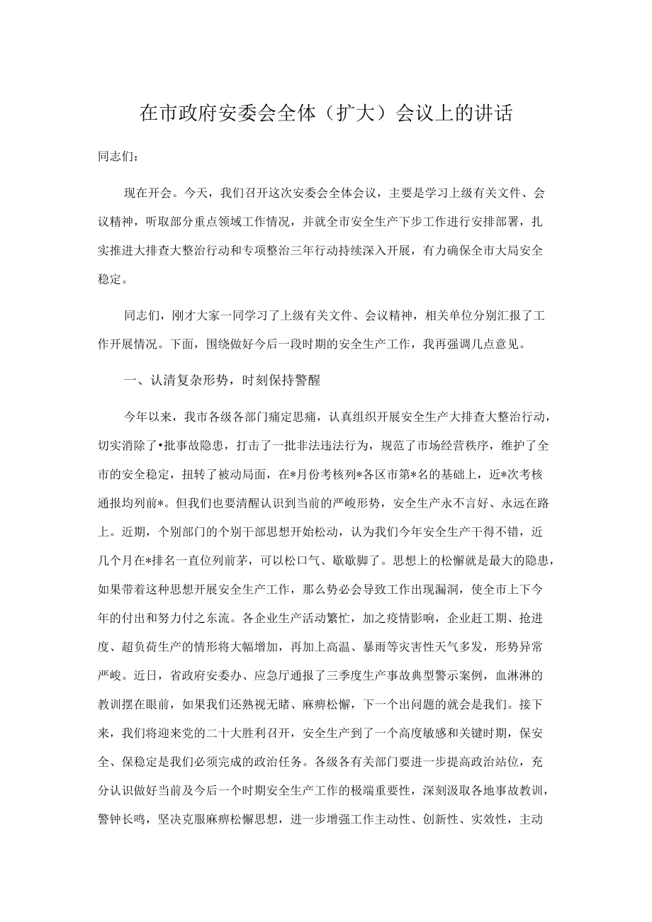 在市政府安委会全体（扩大）会议上的讲话.docx_第1页